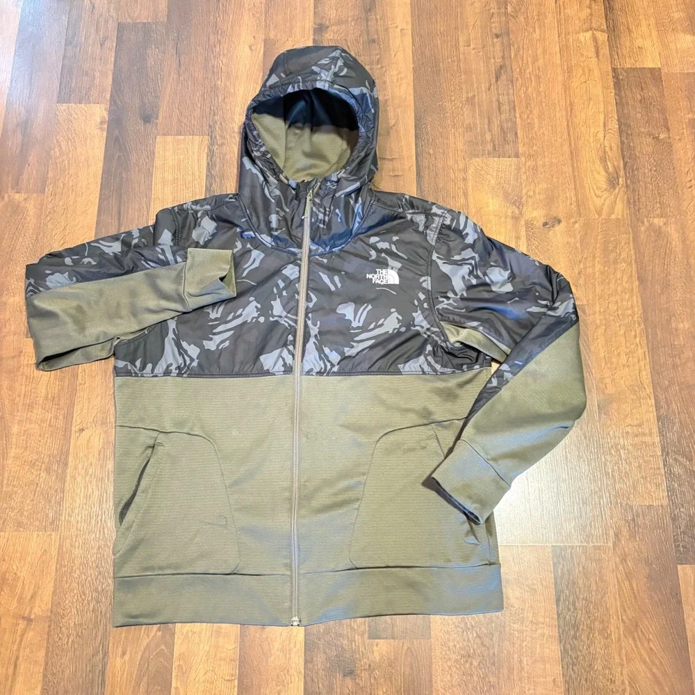 The North Face Mens XL Full Zip Camo Hybrid Fleece Hoodie Olive Green Black Tech